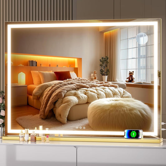 Hasipu Vanity Mirror with Lights, 40" x 30" LED Makeup Mirror, Lighted Makeup Mirror with Dimmable 3 Modes, Touch Screen Control Vanity Mirror Square Gold