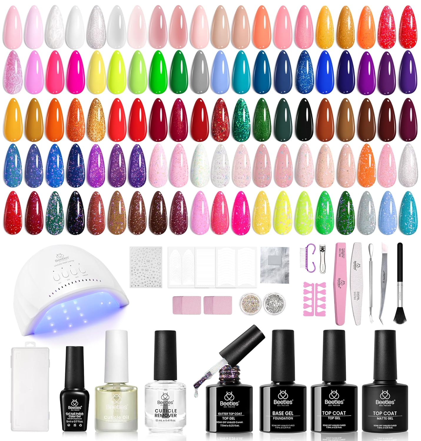 Beetles 85 Pcs Gel Nail Polish Kit with U V Light - 55 Colors Jelly Pink Gel Nail Kit Style Manifesto with Base Top Coat for All Seasons, Red Jelly Pearl Gel Polish Set DIY Nail Art Gifts for Women