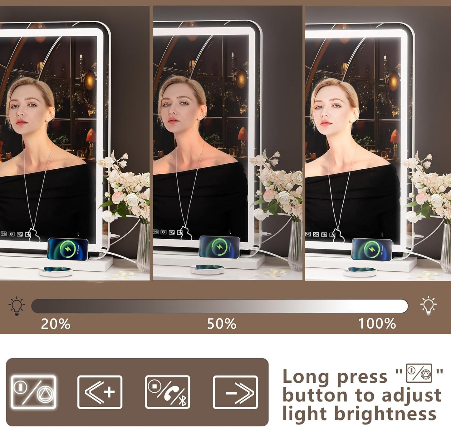 Hasipu Vanity Mirror with Lights and Bluetooth Speaker, 39.4" x 29.5" LED Makeup Mirror, Lighted Makeup Mirror with Dimmable 3 Modes, USB Charging Port, Round White