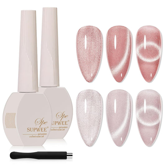 2PCS 15ML CatEye Gel Nail Polish, Nude Pink Cat eye Gel Polish Crystal Glitter Shimmer Effect with Magnetic Stick Soak Off Salon DIY at Home