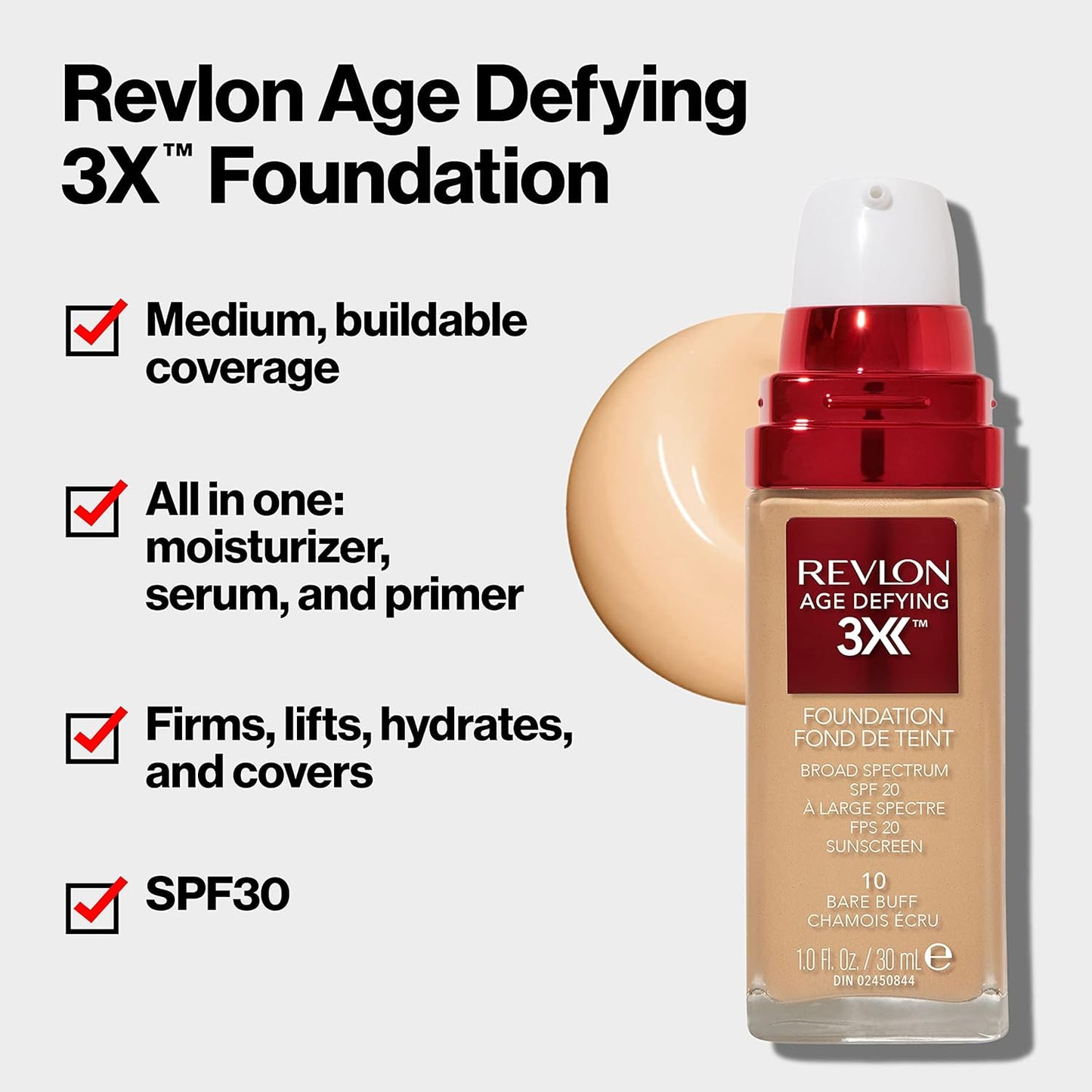 Revlon Liquid Foundation, Age Defying 3XFace Makeup, Anti-Aging and Firming Formula, SPF 30, Longwear Medium Buildable Coverage with Natural Finish, 010 Bare Buff, 1 Fl Oz