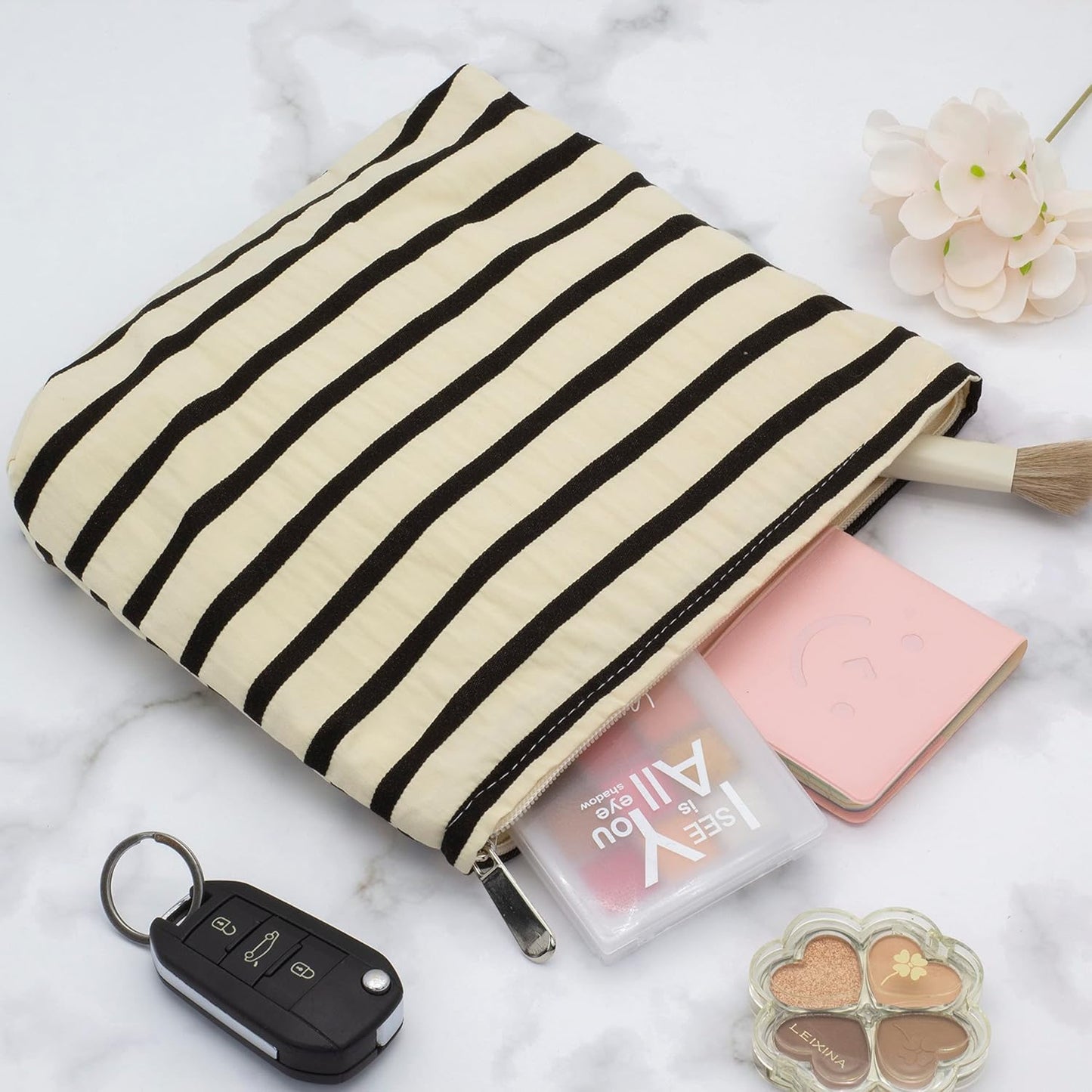 PAZIMIIK Floral Makeup Bag Large Cotton Zipper Pouch for Purse Travel Canvas Make Up Organizer for Women Cosmetic,Stripe White