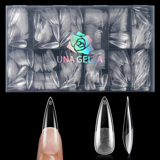 UNA GELLA Halloween Long Stiletto Gel Nail Tips, 600Pcs Pre Etched Long Stiletto Almond Nail Tips Clear Fake Nails Press on Nails No C Curve for DIY Art Salon at Home 12 Sizes
