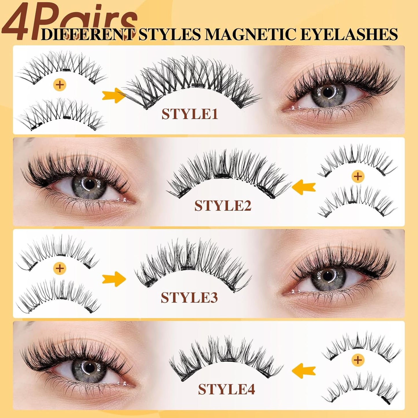 QUEWEL 4 Pairs Magnetic Eyelashes Natural Look, Reusable Magnetic Eyelashes with Applicator, No Glue Needed Lash Clusters Kit, Easy to Wear and Remove(4 Pairs-C)
