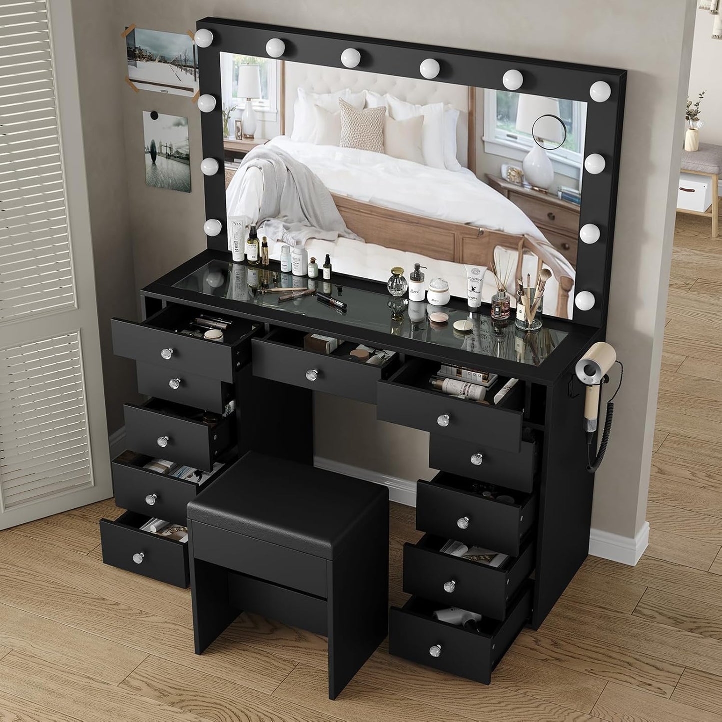 Vanity Desk & Power Outl, Makeup Table with Mirror and 12 LED Lights, Makeup Table with 11 Drawers, 3 Lighting Modes Brightness Adjustable(Black)