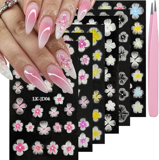 Nail Art Stickers Decals 5D Embossed Flower Nail Decals Self Adhesive Spring Summer Plumeria Nails Supplies 3D Design for Women Nails Decoration Yellow Black Flower Stickers