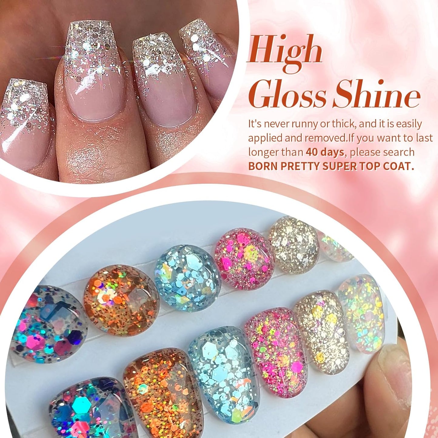 Born Pretty Glitter Sequins Gel Nail Polish, Sparkle Shiny Gel Polish, Pink Blue Gold Platinum Holiday Gift Gel Polish Design, Nail Art Starter Manicure Salon DIY at Home 7ML 6PCS