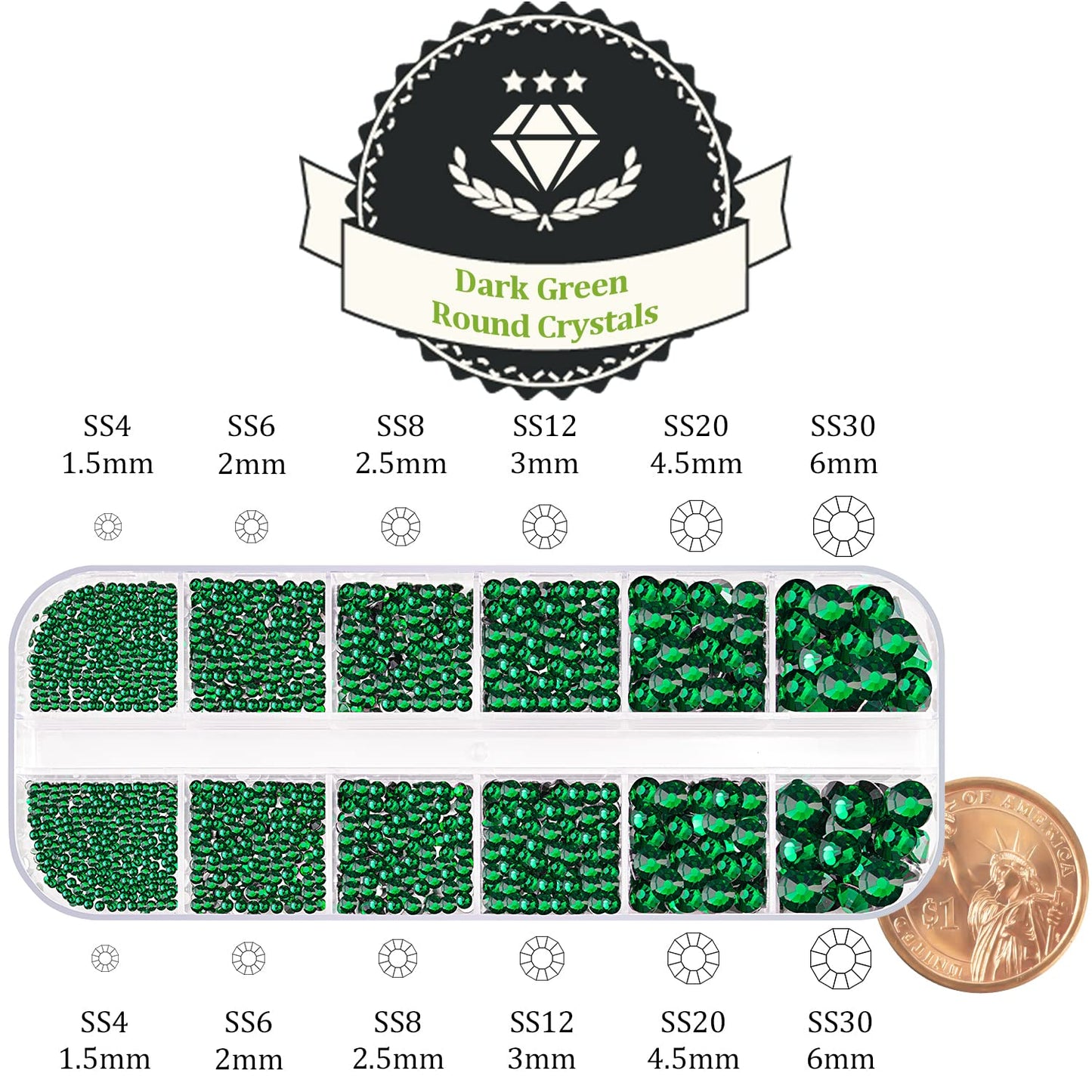 One Pack 2000 Pcs of Flatback Round Dark Green Rhinestones 6 Sizes (1.5-6 mm) with Nail Art Rhinestone Picker Pencil and Tweezers for DIY and Salon Use