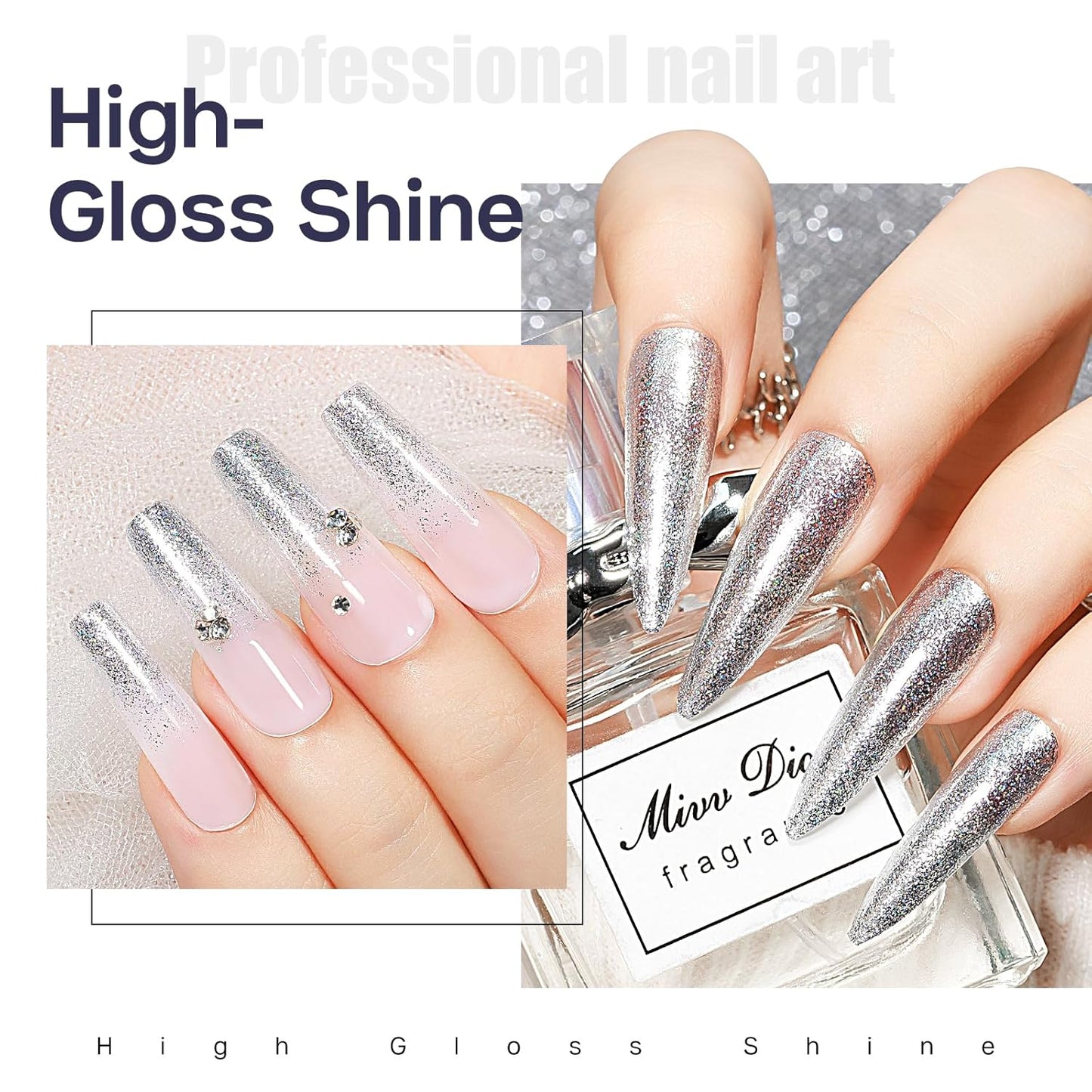 MIZHSE Quick Dry Glitter Silver Nail Polish, Classic Nail Polish Air Dry Fast, 15ml High Glossy Sparkly Shiny Shimmery Nail Art Salon Manicure Home