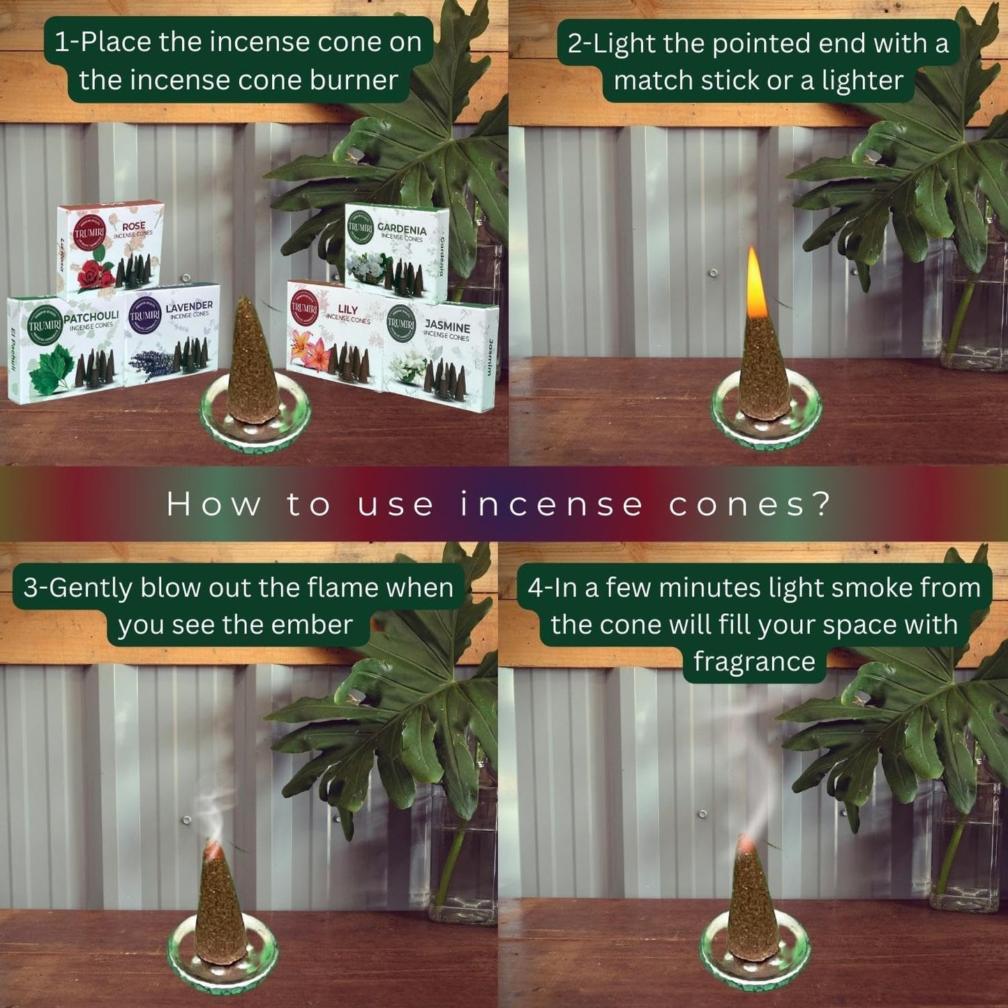 Trumiri Floral Incense Cones - Variety Pack - Total 60 Cone Incense (6 Scents x 10 Conos) - Rose, Lavender, Jasmin, Patchouli, Gardenia, Lily - Cone Incense Scents - Insense Cones - Incent Cone