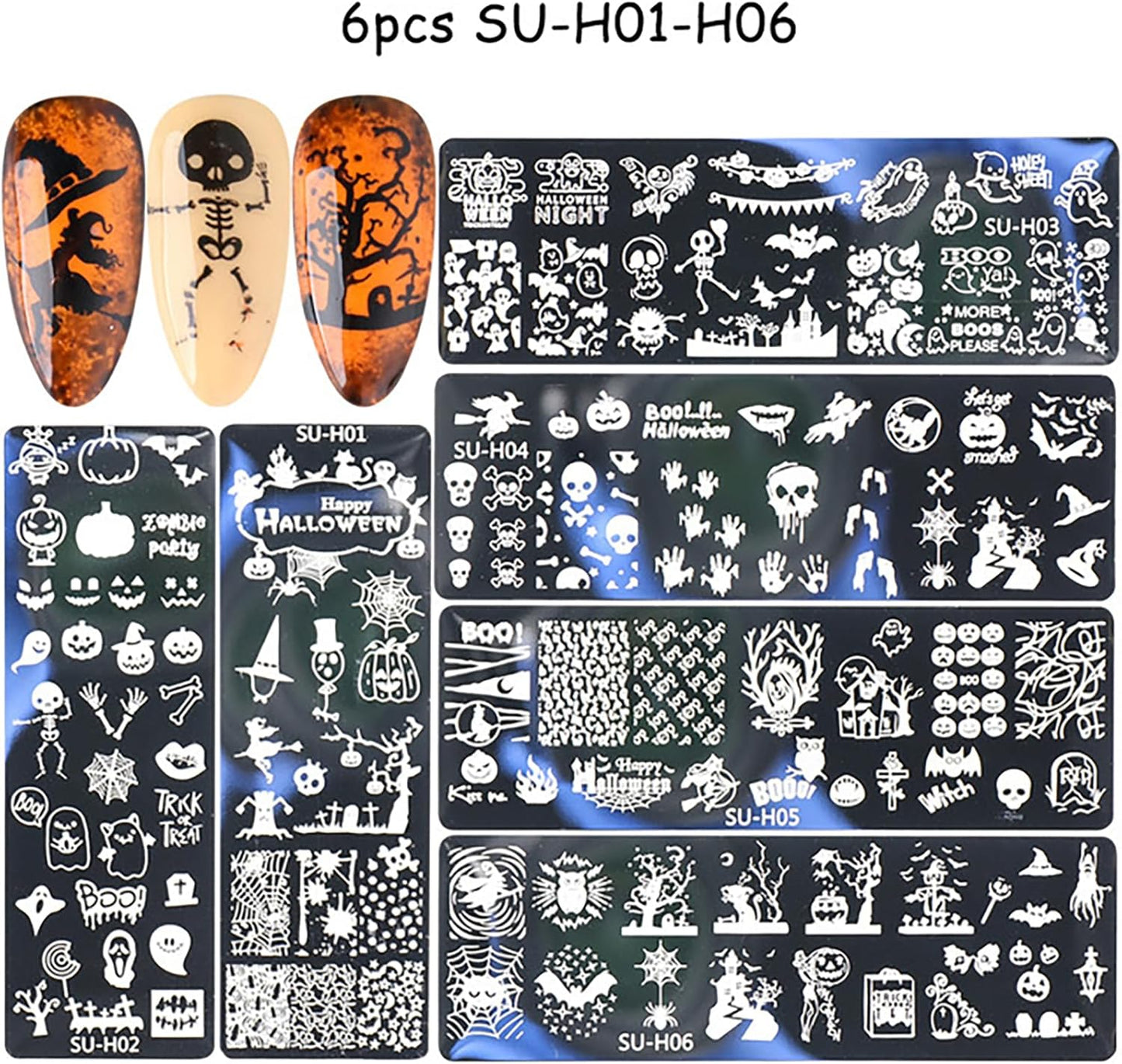 Halloween Nail Stamping Plate Art Stamping Kits DIY Printing Tools with Pumpkin Bat Witch Spider Owl Ghost Face Design Fashion Nail Stamp Art Decoration for Women 6Pcs