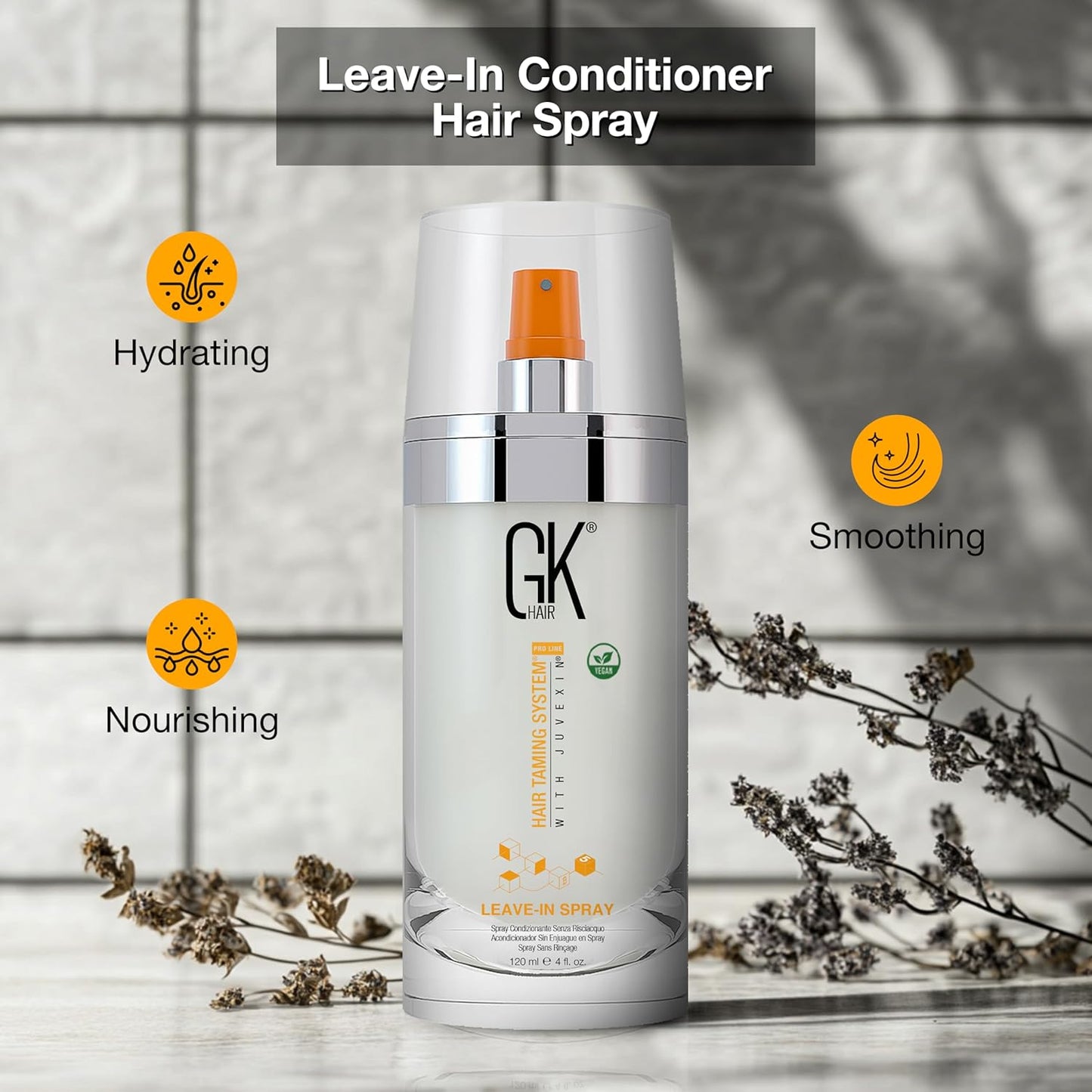 GK HAIR Vegan Leave In Conditioner Spray – Lightweight Detangler Spray For Frizz Control & Heat Protectant for All Hair Types, 120ml