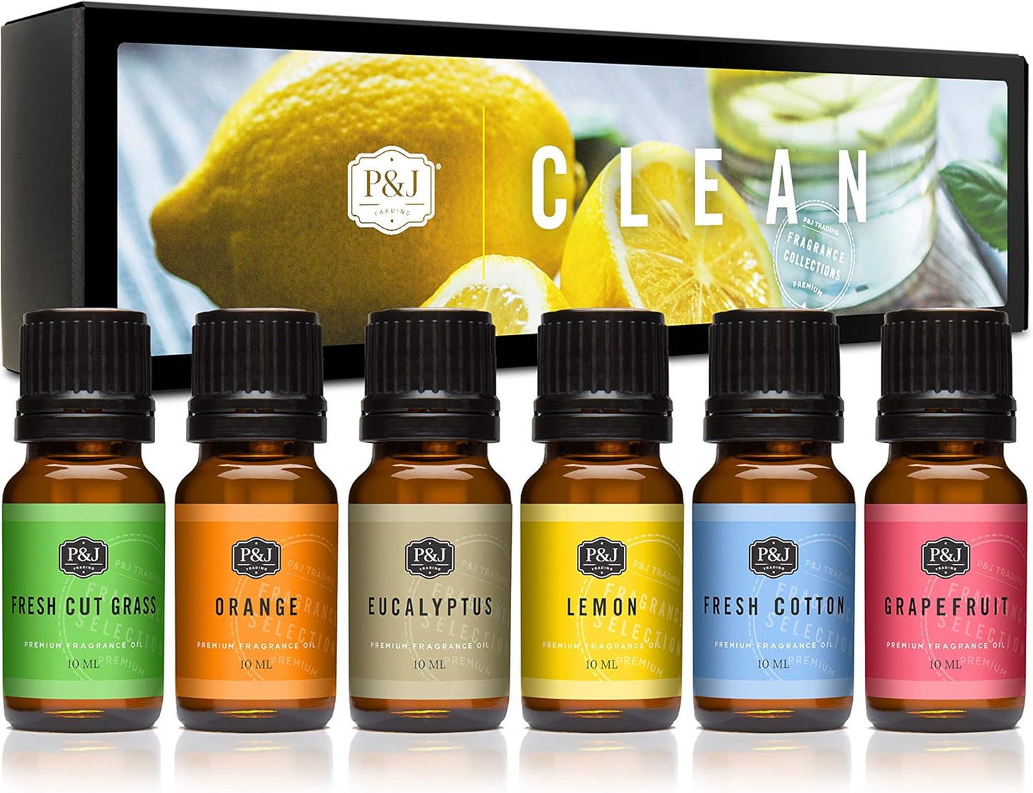 P&J Trading Fragrance Oil Clean Set | Fresh Cotton, Lemon, Orange, Grapefruit, Fresh Cut Grass, and Eucalyptus Candle Scents for Candle Making