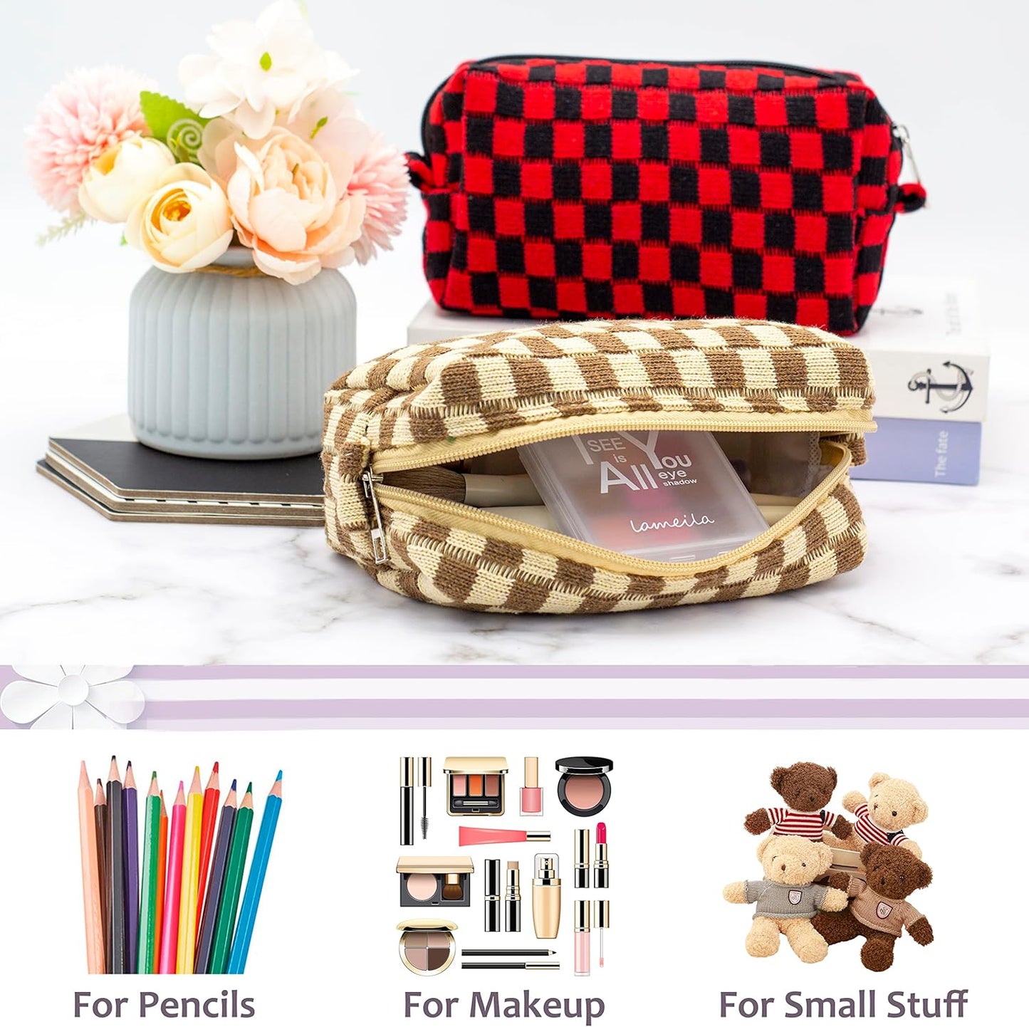 PAZIMIIK Checkered Makeup Bag for Purse Portable Zipper Make Up Pouch Small Cosmetic Case for Travel Accessories (Coffee)