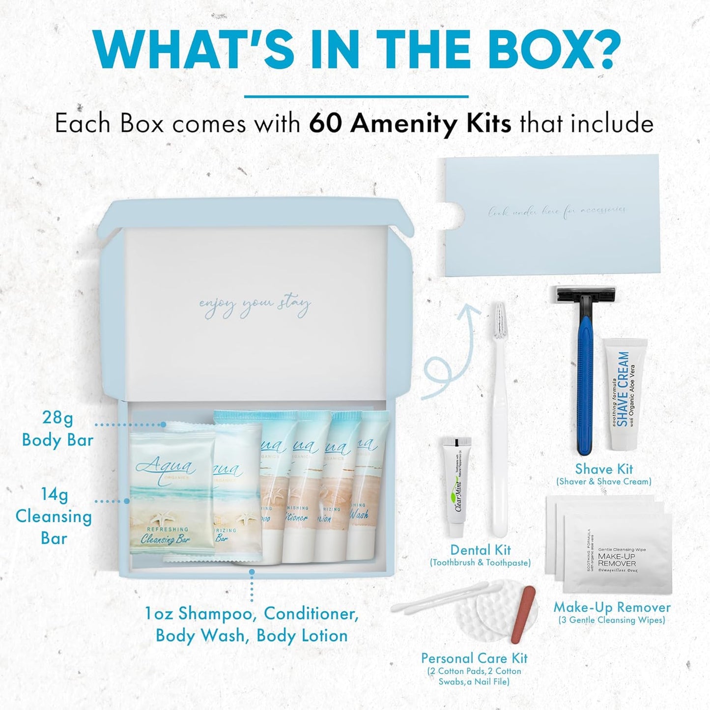 Aqua Organics Amenity & Accessory Kit|1oz Travel Size Shampoo,Conditioner,Lotion,Body Wash,Body Bar, Cleansing Bar, Shave & Dental Sets, Make-Up Remover Wipes & Vanity Kit|60 sets