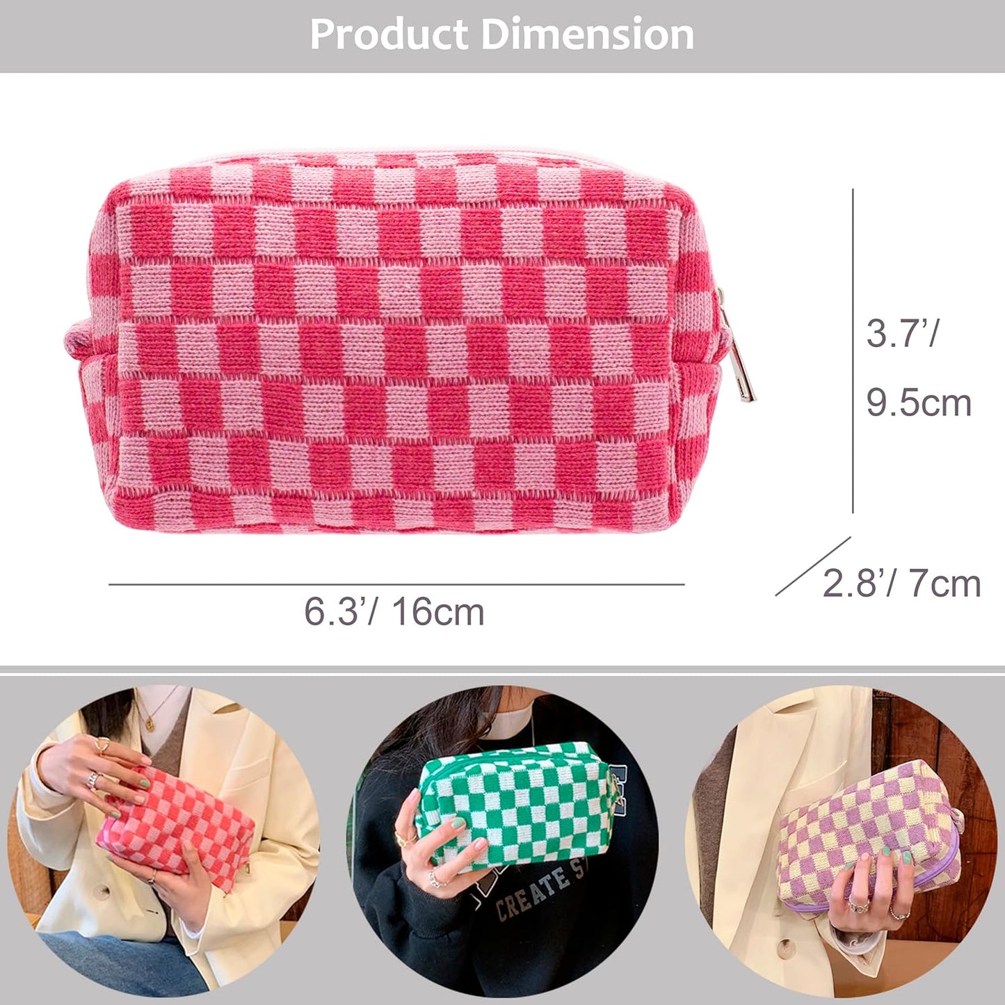 PAZIMIIK Checkered Makeup Bag for Purse Portable Zipper Make Up Pouch Small Cosmetic Case for Travel Accessories (Hotpink)