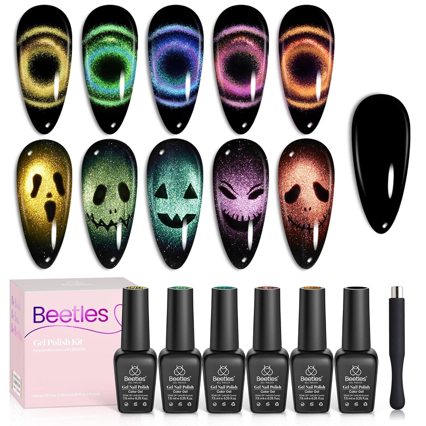 Beetles Cat Eye Gel Nail Polish Set - 6 Colors Halloween Chameleon Cat Eye Black Glitter Red Blue Gold Green Orange Gel Polish with Magnet Soak Off UV Velvet Gel Salon French Nail Art Gift for Women