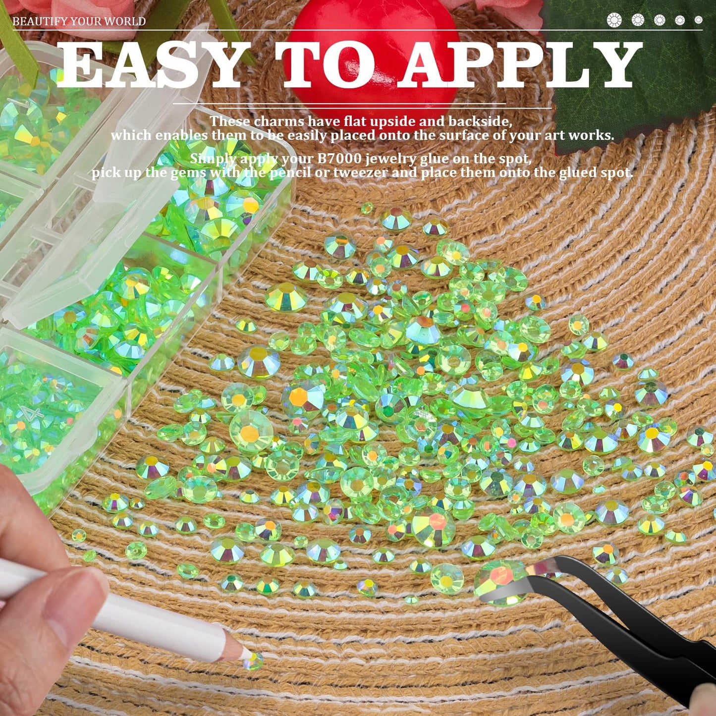 Resin Rhinestones Crafting, 2/3/4/5/6mm Flatback Jelly Rhinestones, 1 Box Transparent Grass Green AB Non Hotfix Crystal Gems for Bedazzling Crafts Mugs Tumblers Clothes Makeup Nail