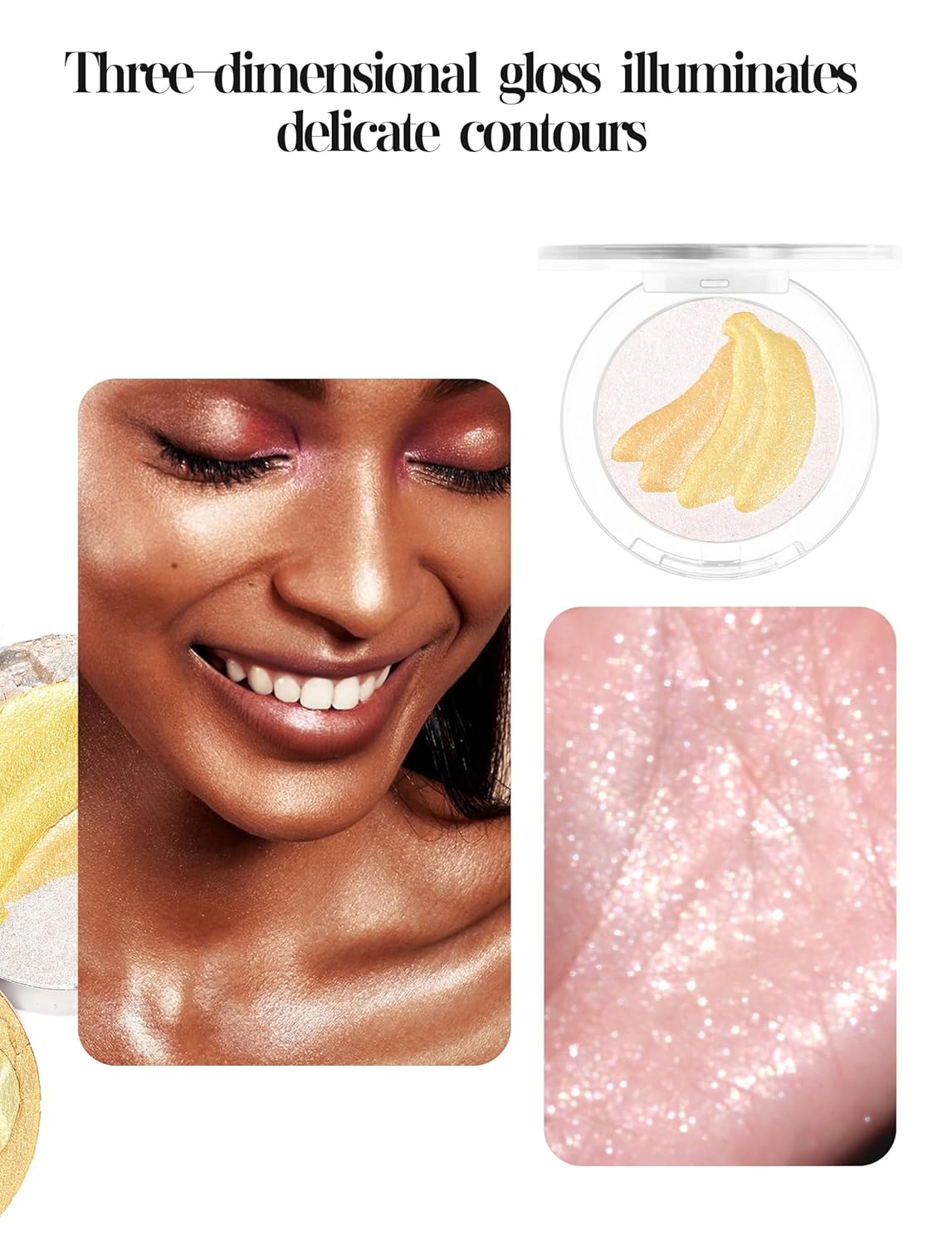 Glitter Highlighter Makeup, 3-In-1 Compact Shimmer Glitter Powder Makeup Blush Face Body Highlighter Illuminator, Silky Smooth Longlasting Lightweight Face Luminizer Bronzer (#02 Pineapple)