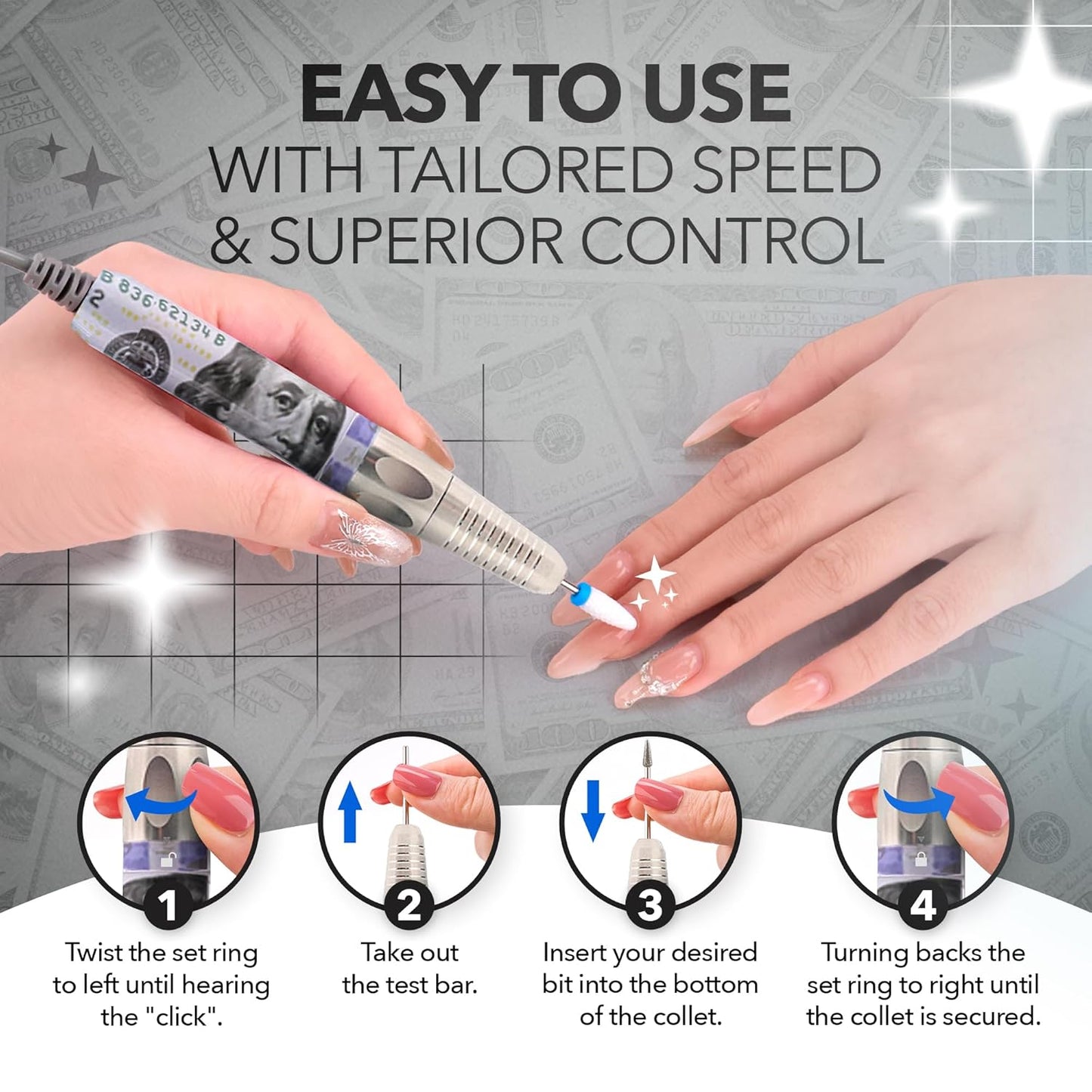 M Max - Nail Drill Professional - 2-in-1 Brushless Motor Nails Drill Machine - Electric, Cordless, Aluminium Alloy Casing, 35000 RPM, HD Display - Perfect for Salon & Home Use Special Edition - Money