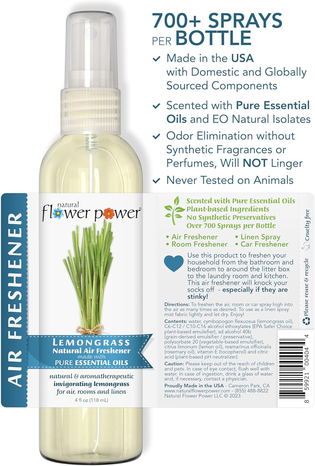 Air Freshener Spray | Lemongrass 4 Fl Oz | Pack of 3 | Scented w/ Pure Essential Oils | Non-Aerosol Plant-Based Odor Eliminator | Room, Linen, or Car Spray | Cruelty-Free & Vegan