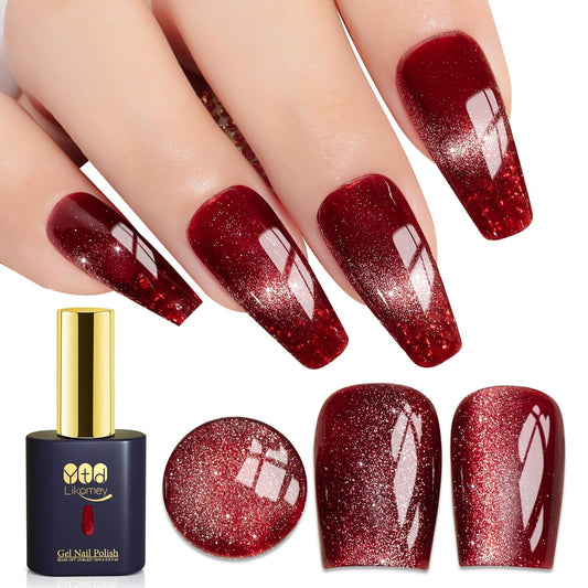 YTD Likomey Cat Eye Gel Nail Polish,Berry Red 15ml Translucent Neutral Jelly Glitter Sheer UV Magnet Blood Red Fall Winter UV Color Varnish with Magnetic Stick,MY302