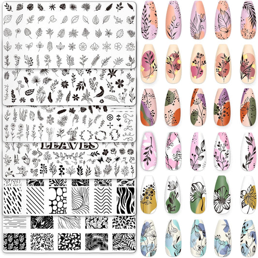 Whaline 6Pcs Spring Floral Leaves Nail Plates Stamping Set Plant Leaves Stamp Templates Nail Art Plates for DIY Print Manicure Salon Design