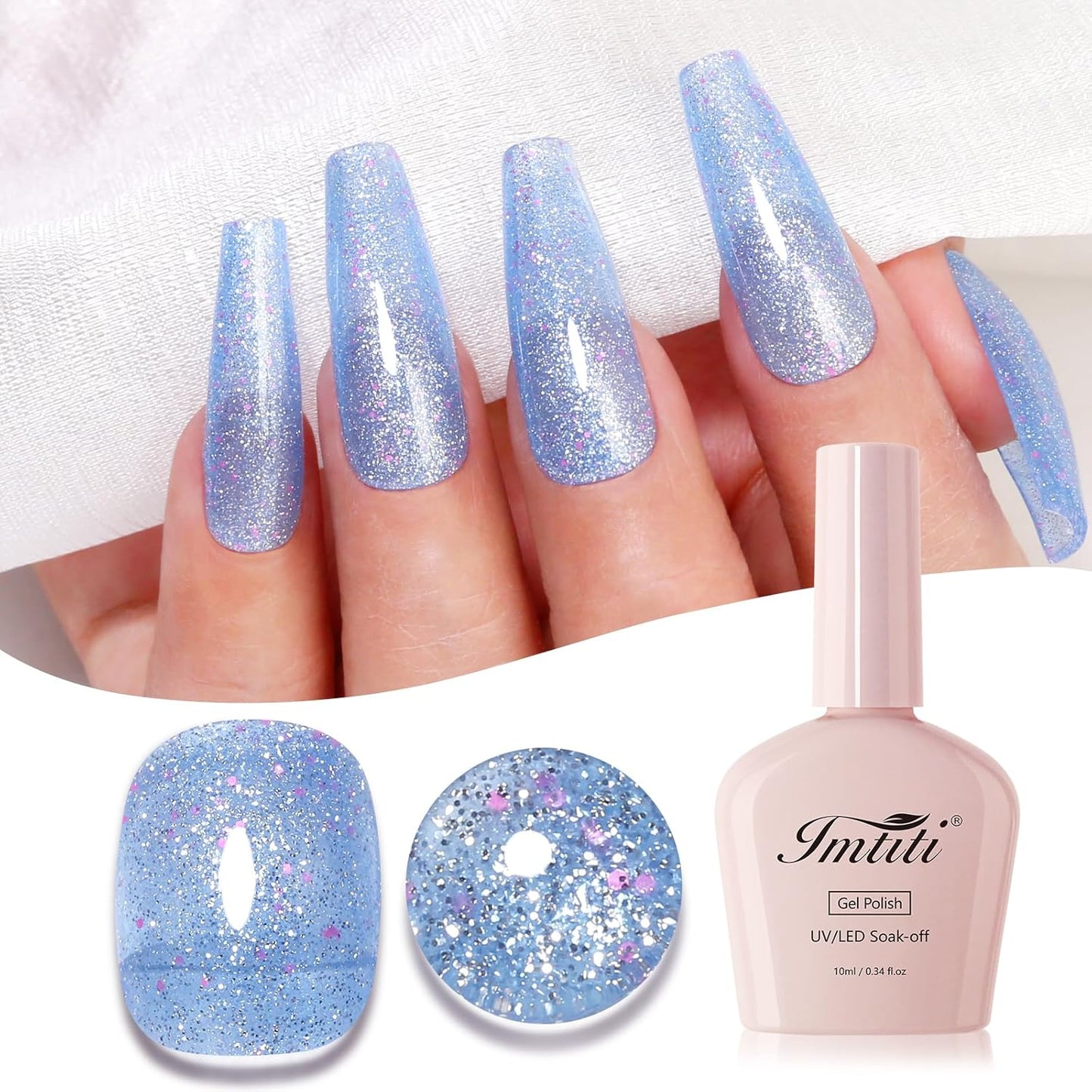 Imtiti Glitter Gel Nail Polish, Light Blue Iridescent Glitter Gel Polish Diamond Shimmer Sparkle Soak Off UV LED Nail Gel Polish Autumn Winter Gel Polish Manicure Gel Nail Kit 10ML