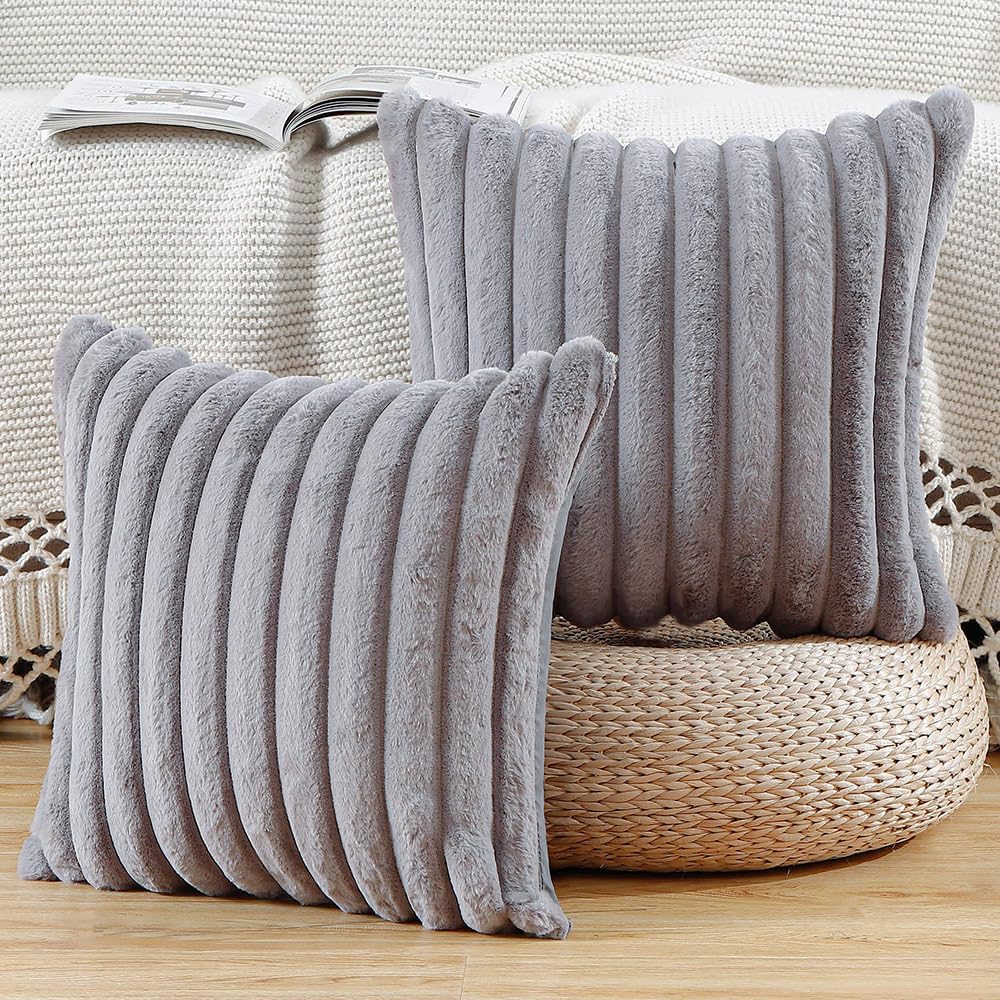 MADIZZ Set of 2 Faux Wool Plush Decorative Throw Pillow Covers 26x26 Inch Grey Fluffy Striped Soft Decorative Cushion Cover for Sofa Bedroom Pillow Shell