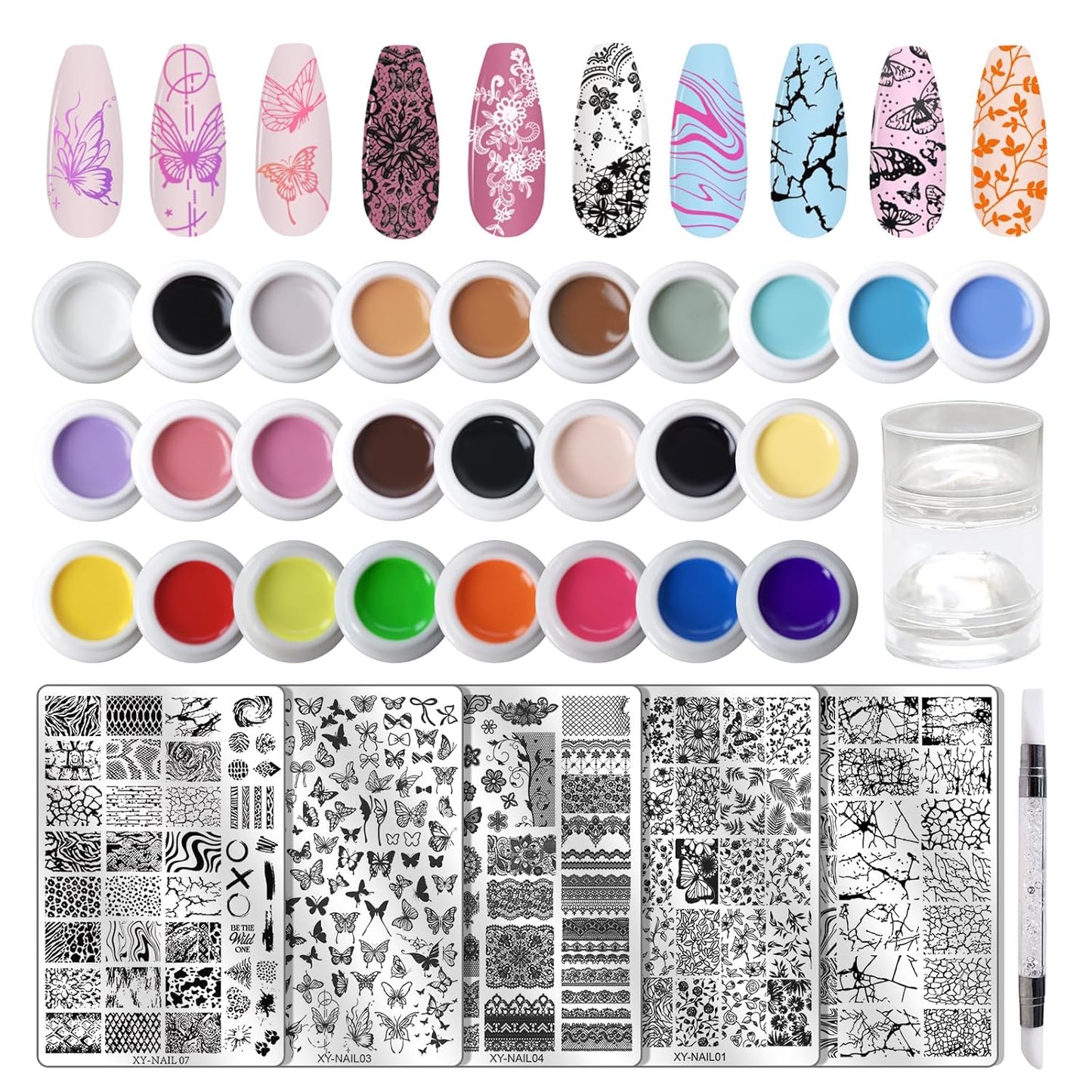Nail Art Stamping Kit - 26 Color Gels with 5 Stainless Steel Plates, Dual-Ended Silicone Stamper & Scraper - DIY Nail Design Set for Beginners and Pros