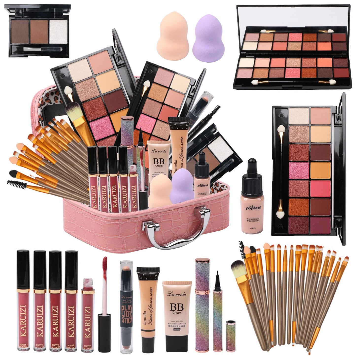 All in One Makeup Kit for Makeup storage bag 2X14 Colors Eyeshadow Palette Liquid Foundation Eyeliner Pencils Contouring Stick Lip Gloss Eyebrow Pencils 20Pcs Makeup Brushes etc For Women Girls Teens (Pink)