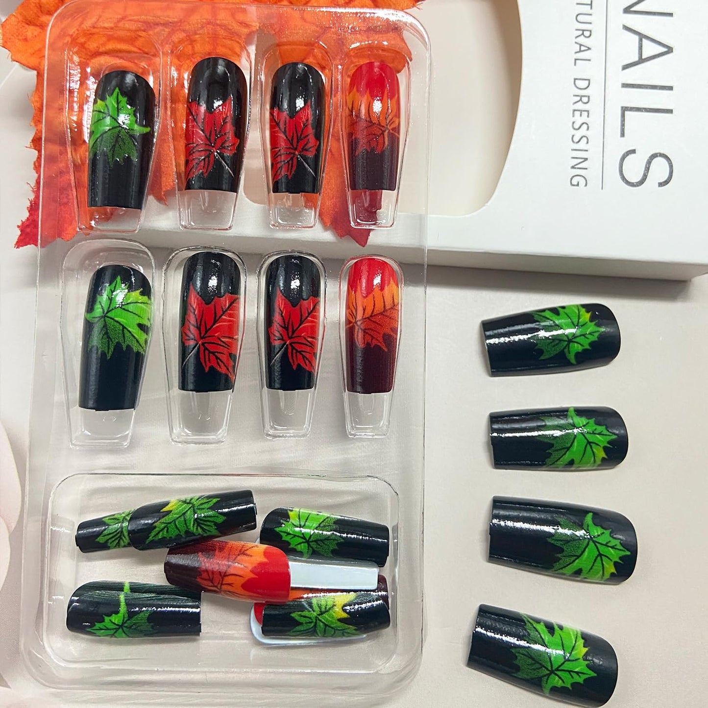 Fall Press on Nails Long Square Thanksgiving Fake Nails for Women Colorful Maple Leaf Acrylic Glue on Nail Autumn Maple Leaves Glossy Artificial Stick on Nail