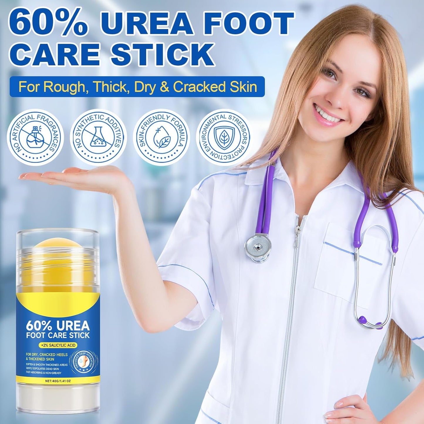 Urea Cream Stick 60% plus Salicylic Acid 2%, Maximum Strength Urea Foot Cream for Dry Cracked Feet, Knees, Elbows, Hands, Exfoliating Dead Skin, Softening Skin Moisturizer (1PC, 40G)