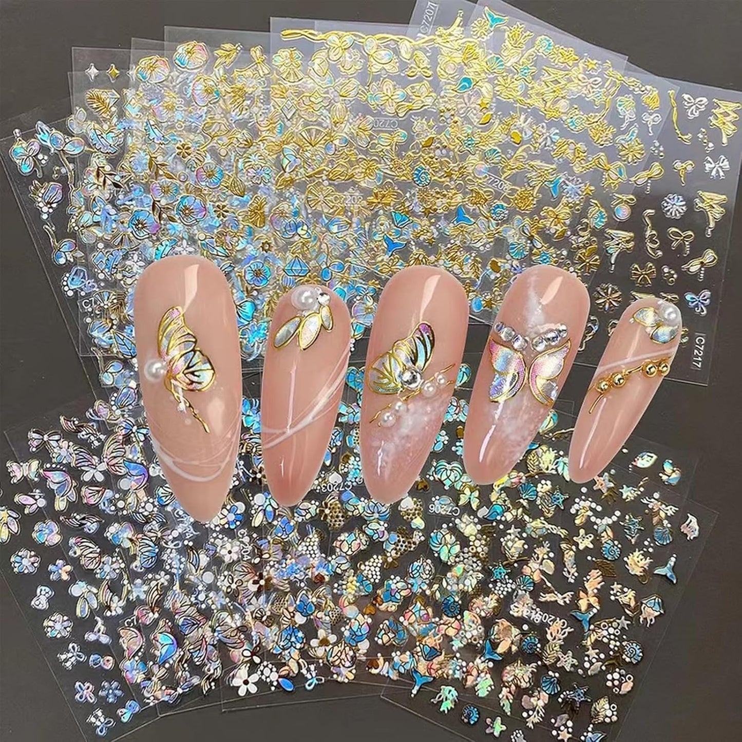 20 Sheets Butterfly Nail Stickers Y2k Gold 3D Self Adhesive Shiny Butterflies Nail Art Charms Decals Heart Nails Supplies Decoration Accessories (ST-GB)