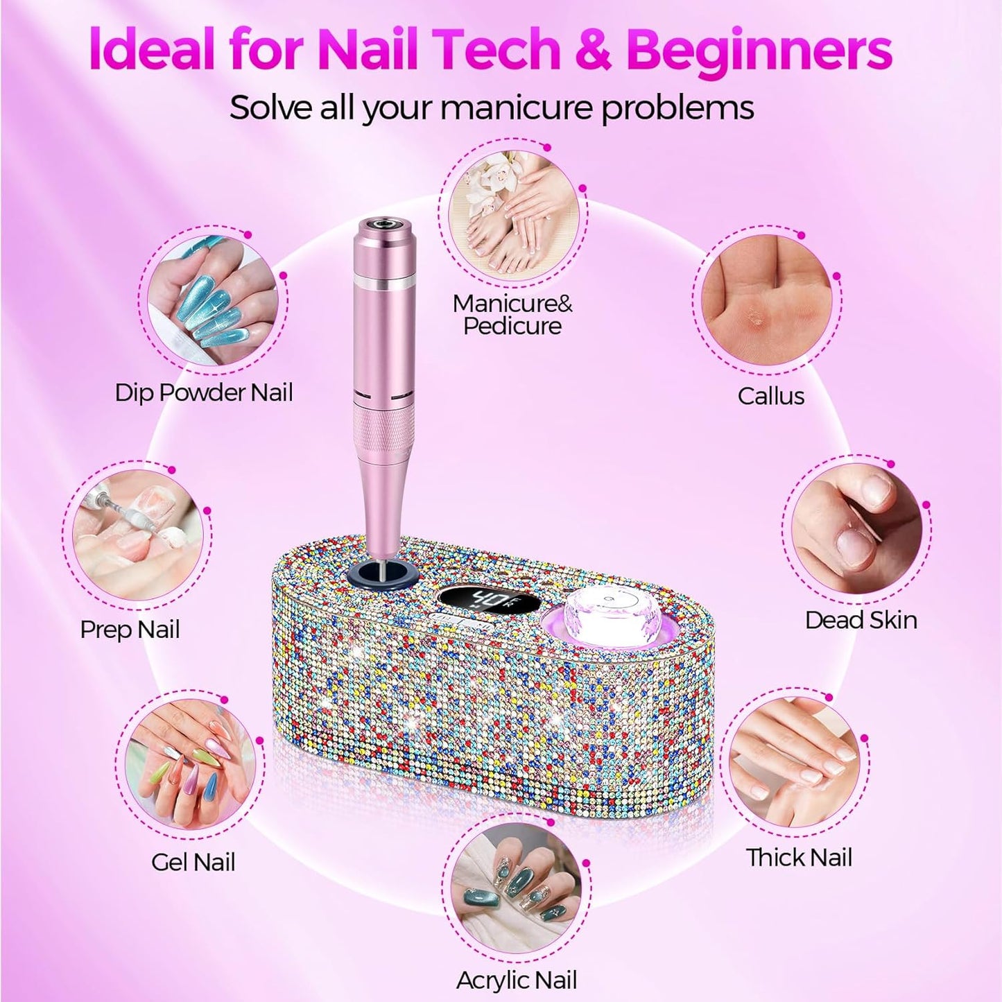 Nail Drill Electric File: DEDNMSCA Sparkly Professional Nail Drill Kit, 40000RPM E-File Machine with 12 Drill Bits for Acrylic Nails Remove Nail Gel Polish Manicure for Salon Home, Colorful Diamond