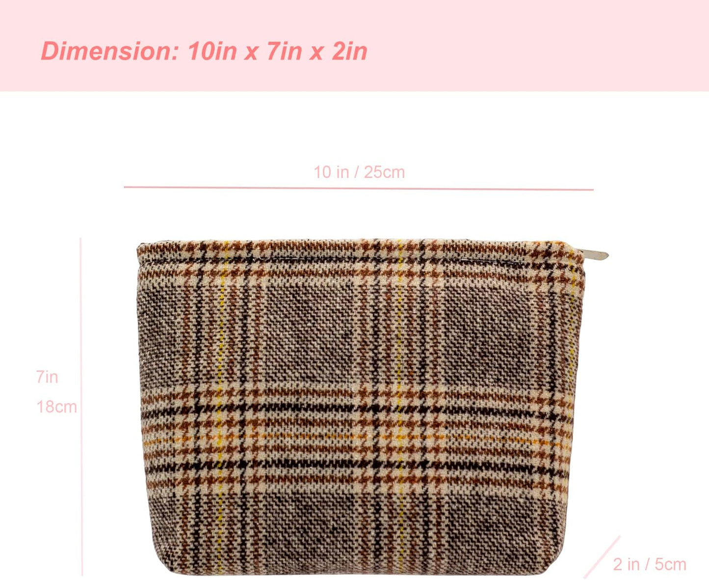 Makeup Bags for Purse Zipper Cosmetic Pouch Large Travel Canvas Make Up Organizer Tool Pouch for Women and Girls,Plaid Brown