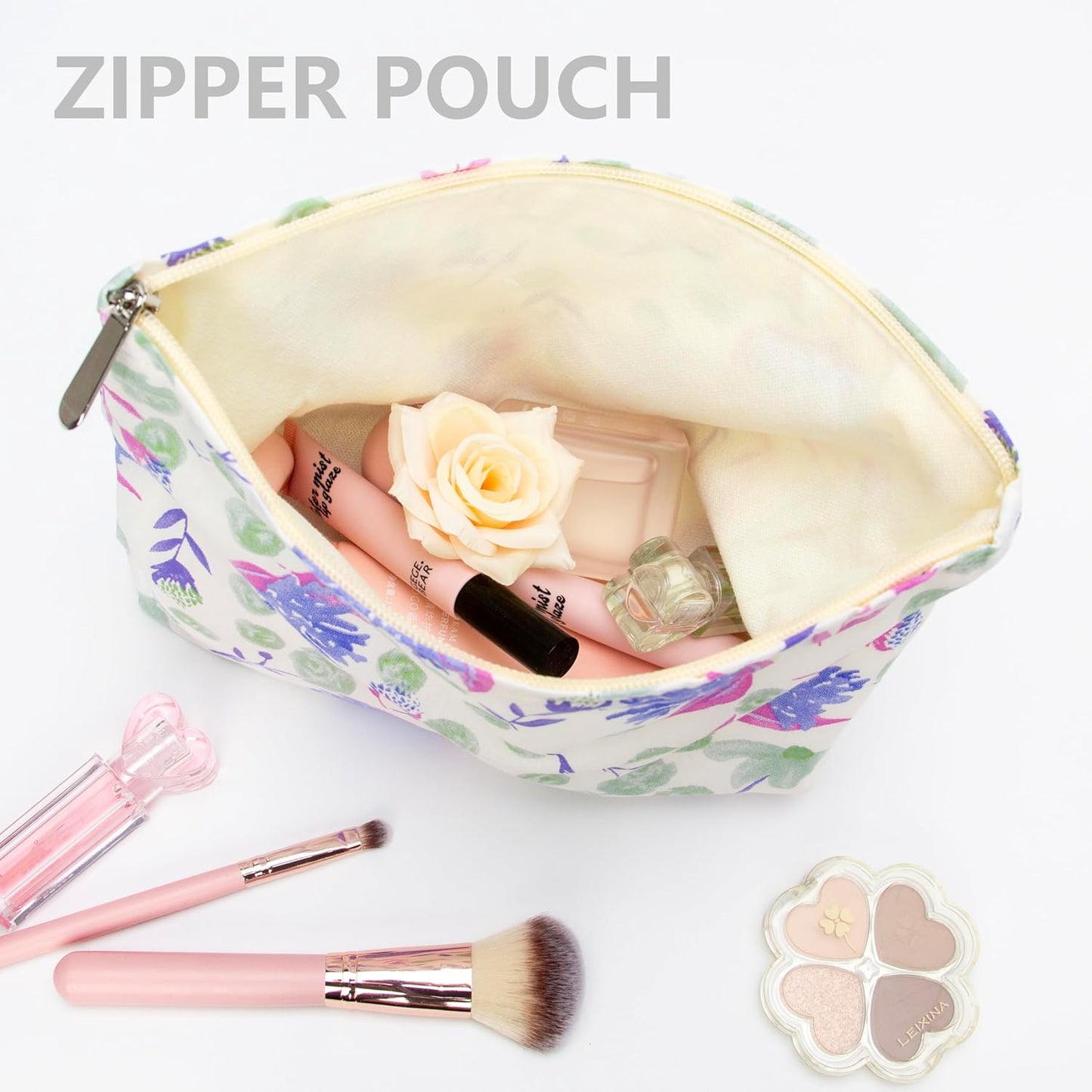 PAZIMIIK Makeup Bag Large Cotton Zipper Pouch for Purse Travel Canvas Make Up Organizer for Women Cosmetic,Galsang White