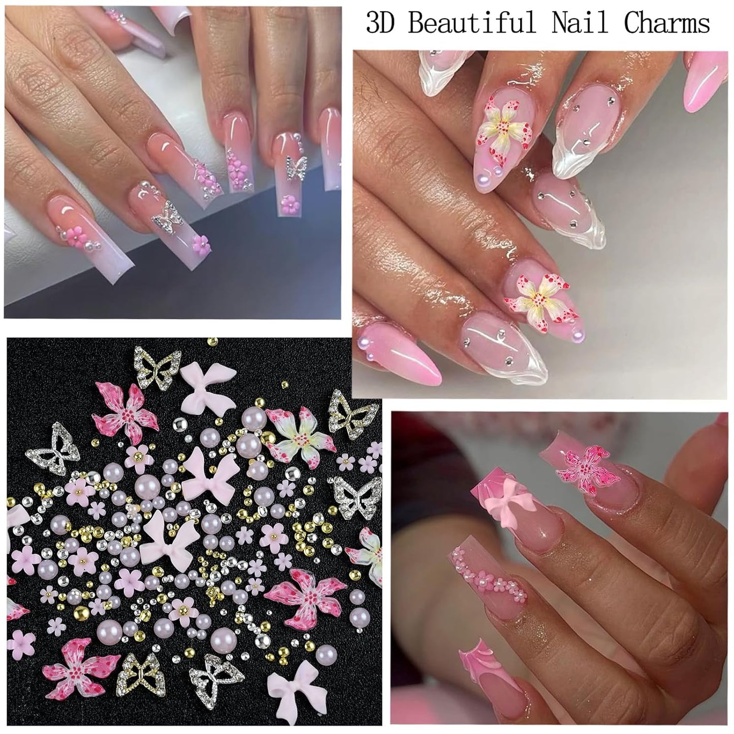 Nail Art Charms with Rhinestones Glue Gel Pink Flatback Pearls Flower Bow Nail Gems Supplies Accessories Gold Silver Nails Decoration Pearls for Women Nails Design