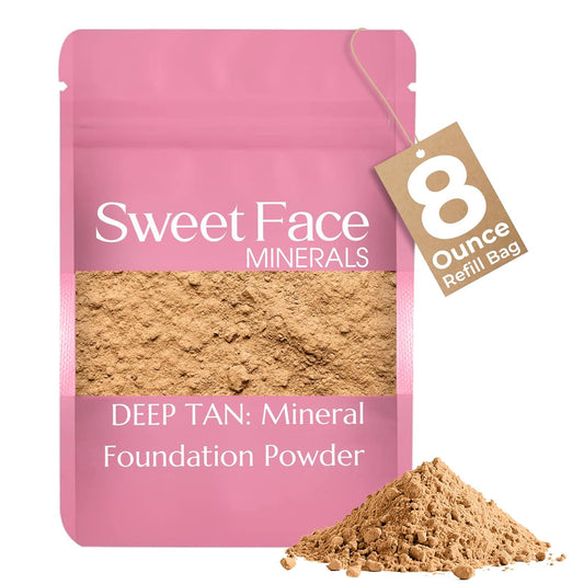 (8 Ounce) (Deep Tan) Foundation Powder Refill By Sweet Face Minerals, Lightweight Mineral Loose Makeup Powder with SPF 20, Full Coverage Flawless Finish, Talc-free, Cruelty-Free, Refillable Pouch