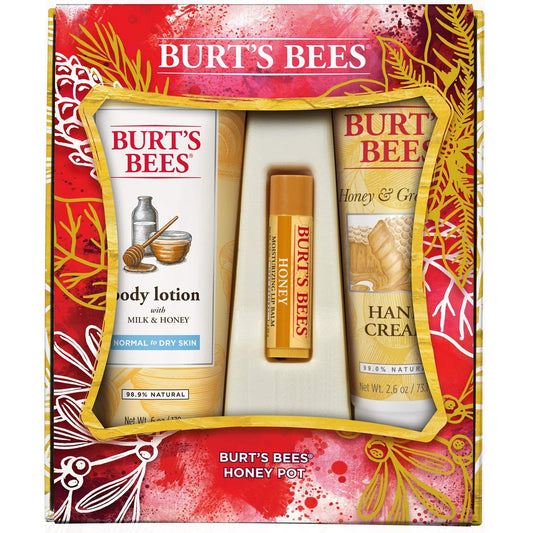 Burt's Bees Honey Pot Holiday Gift Set, 3 Honey Skin Care Products - Milk & Honey Body Lotion, Honey & Grapeseed Hand Cream and Honey Lip Balm