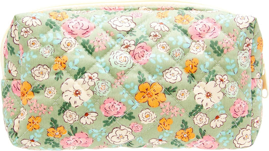 PAZIMIIK Vintage Quilted Makeup Bag Cosmetic Pouch for Brushes Pencils and Travel Make Up Accessories for Women and Girls Floral Green