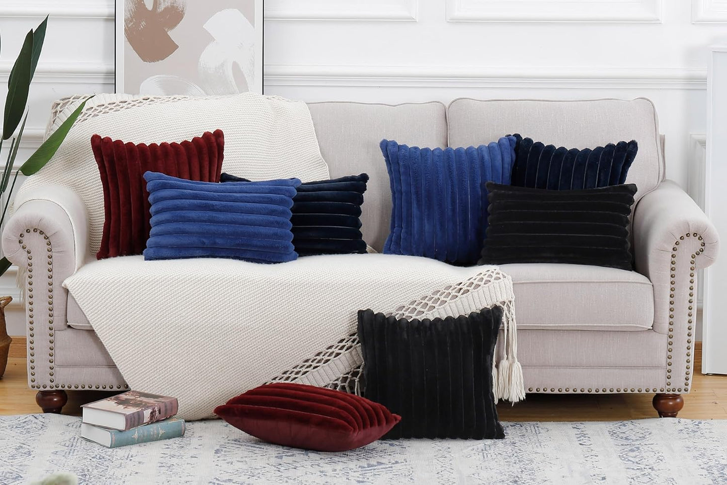 MADIZZ Set of 2 Faux Wool Plush Decorative Throw Pillow Covers 26x26 Inch Dark Blue Fluffy Striped Soft Decorative Cushion Cover for Sofa Bedroom Pillow Shell