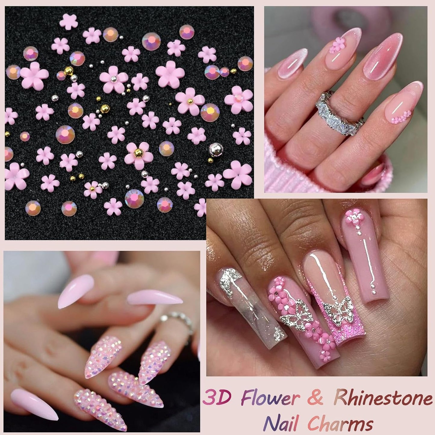 Flatback Nail Art Rhinestones Flower Nail Charms with AB Rhinestones Glue Gel Pink Nail Supplies Accessories Gems Resin Rhinestones for Bedazzling Crafting & Women Nails Design Decor