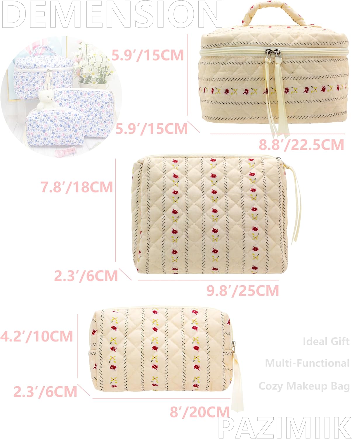 PAZIMIIK 3PCS Makeup Bag SET Large Travel Quilted Zipper Soft Cosmetic Case Pouch for Women Girls Make Up,Little Flower Beige