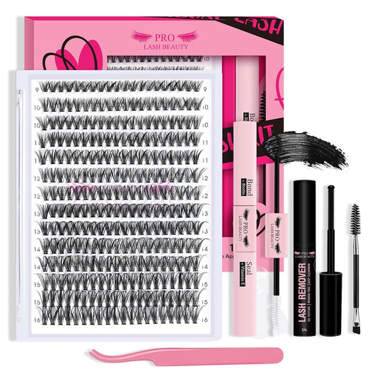 Lash Clusters Kit 280pcs Lash Clusters D Curl Eyelash Extension Kit Individual Lashes with Lash Bond and Seal Lash Remover Lash Applicator Easy to Apply at Home(40D-9-16mix Kit)