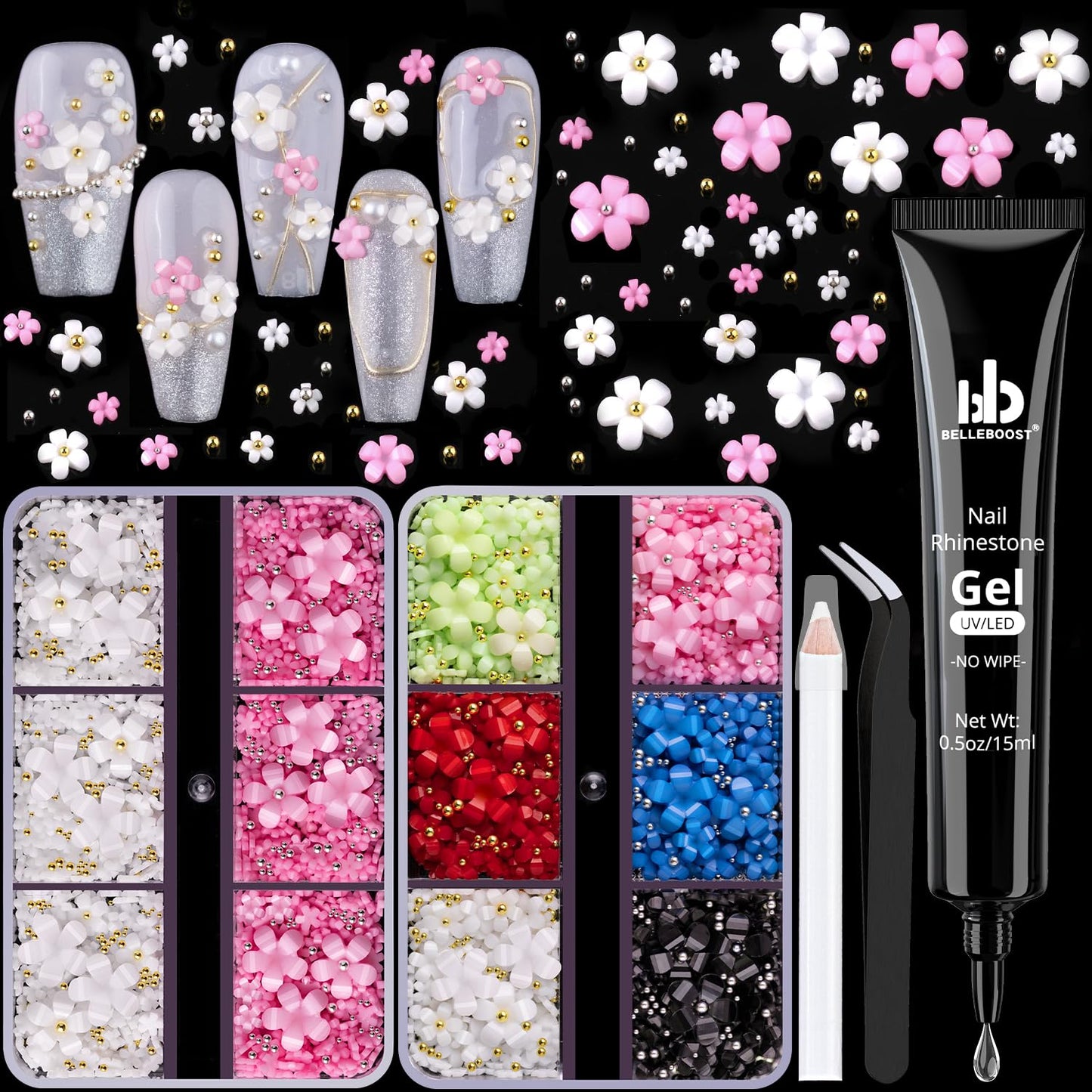 3D Flowers, Manicure Kit with Gel Glue, Colorful Acrylic Flower Nail Charms with Caviar Beads, Rhinestones + Gem Glue for Nails (UV/LED Needed) with Dotting & Pickup Tools
