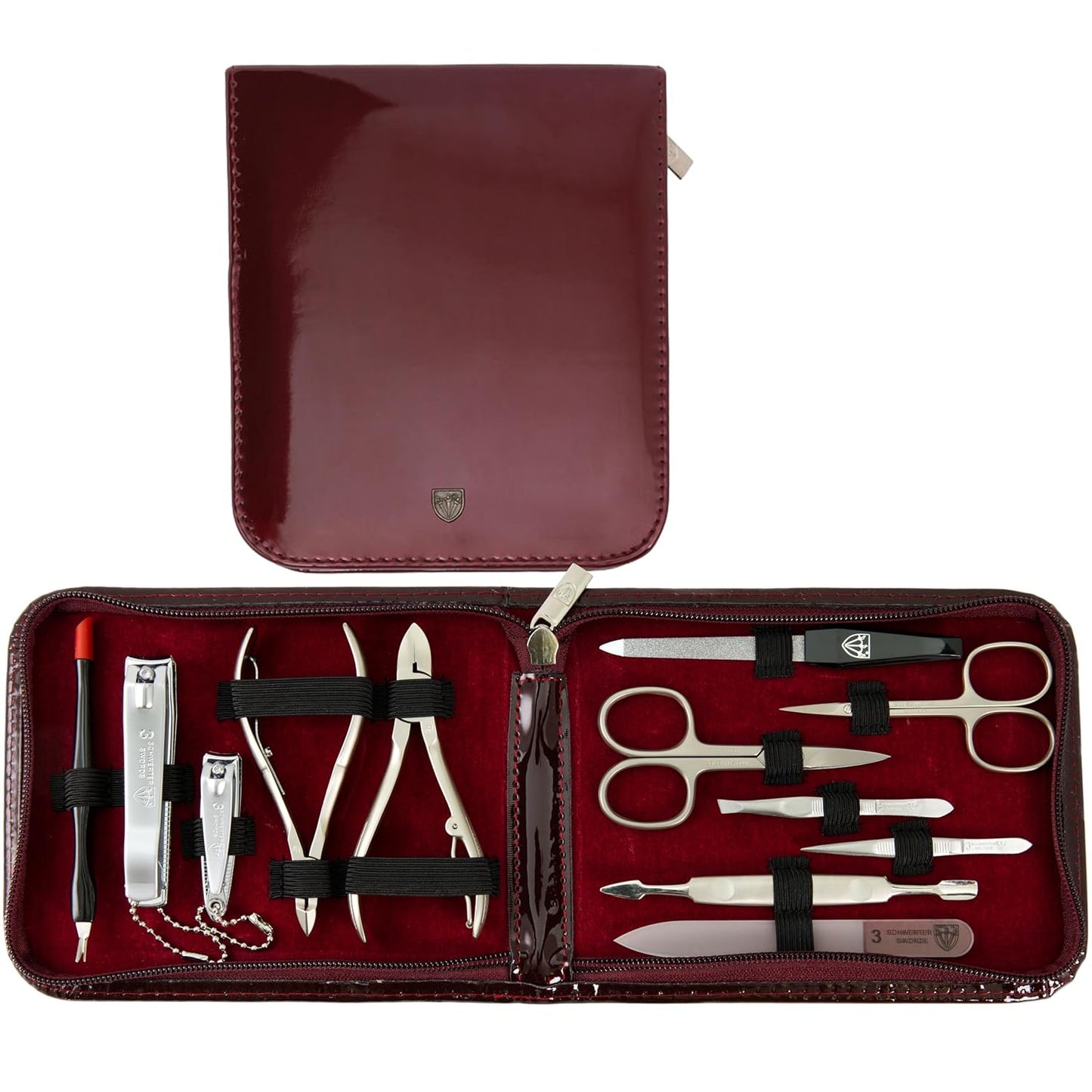 3 Swords Germany - brand quality 12 piece manicure pedicure grooming kit set for professional finger & toe nail care with burgundy synthetic leather case - Made in Germany