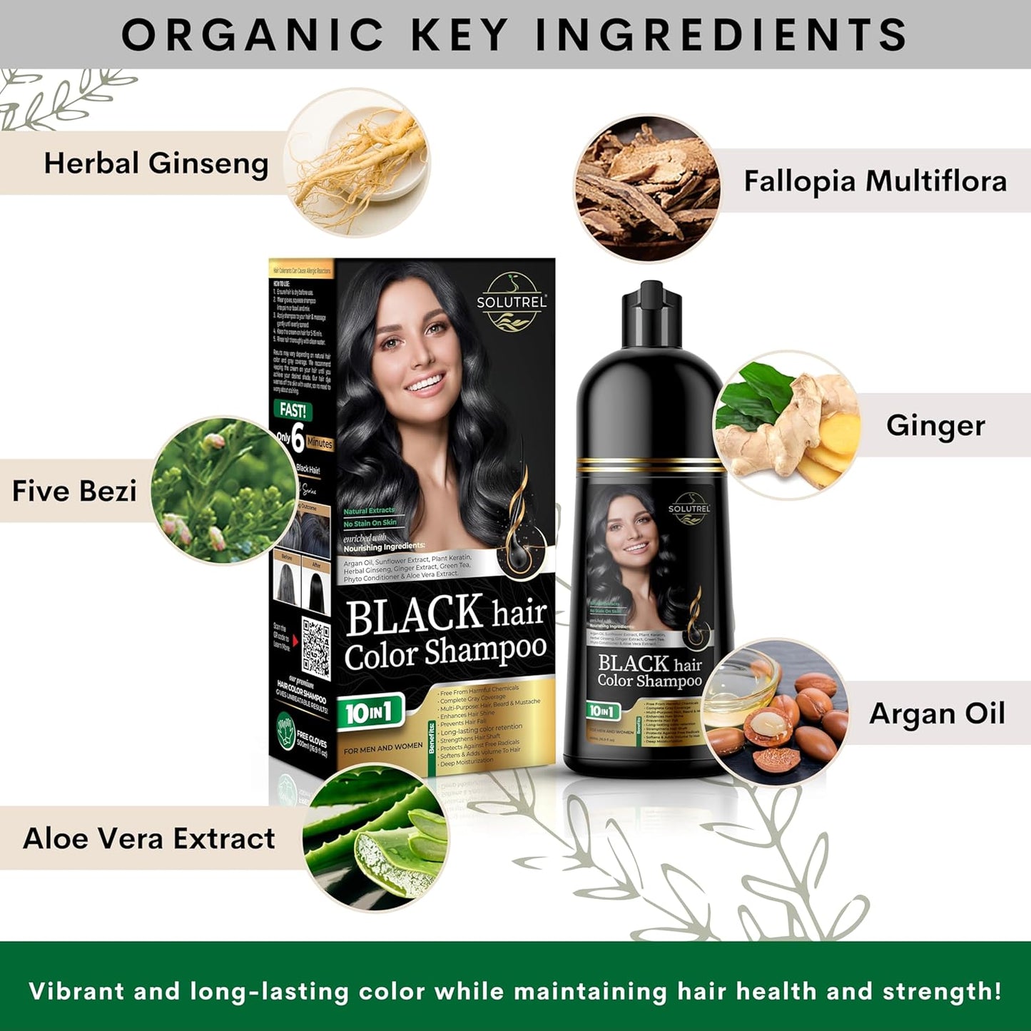 Black Hair Dye Shampoo – Instantly Covers Gray Hair in Minutes – 10-in-1 Herbal Hair Color – No Stain, Ammonia-Free, Natural – For Men & Women