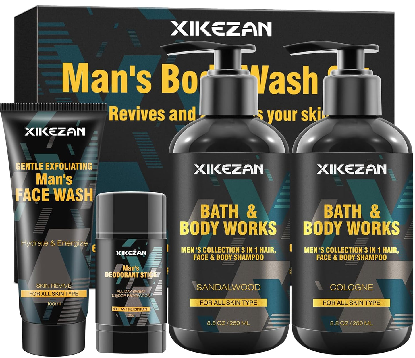 Gifts for Men,Mens Body Wash Gift Set Cleansing & Hydrating Skin w/Face Wash,Deodorant,Sandalwood & Cologne 3 in 1 Hair,Face & Body Wash,Mens Stocking Stuffers Christmas Gifts for Men Him Dad Husband