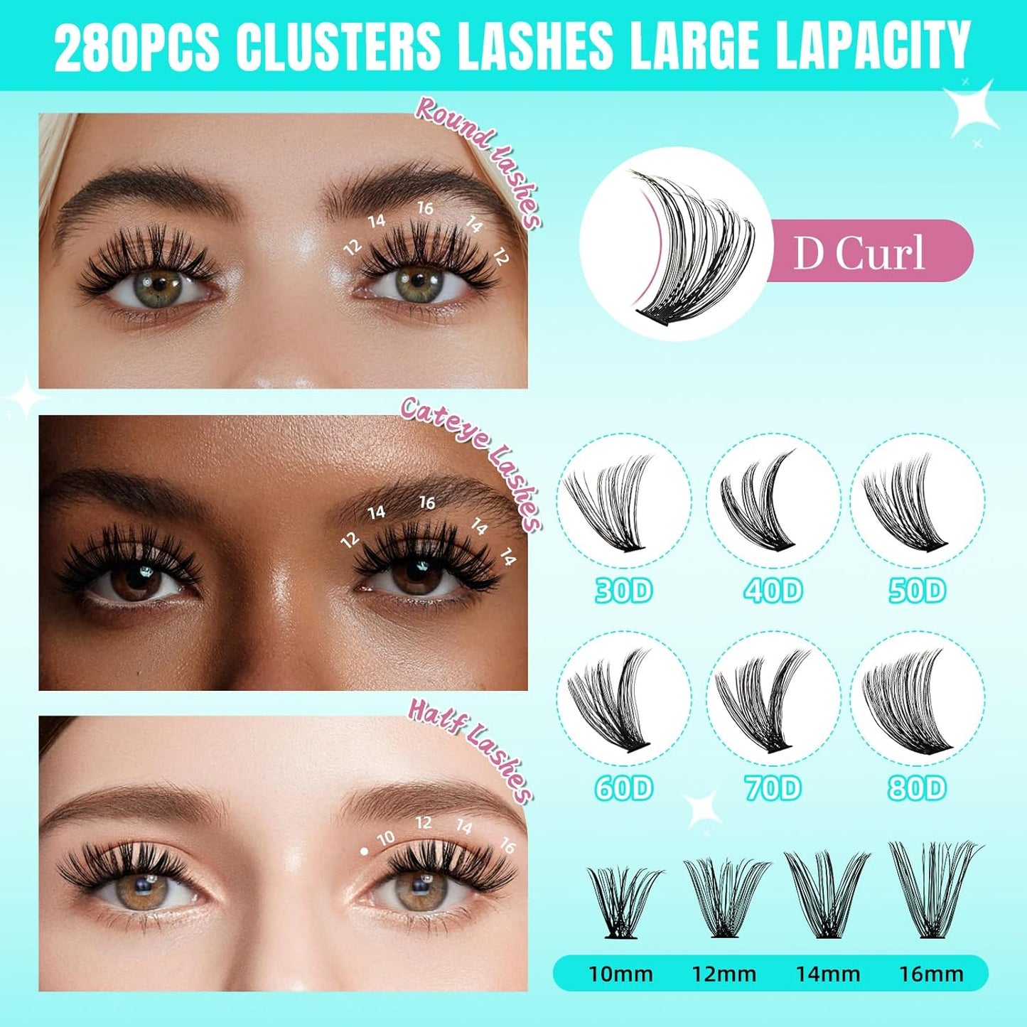 Lash Clusters Wispy 280PCS Eyelash Extension 40D Cluster Lashes Individual Lashes DIY Lash Extension Natural Look Cluster Eyelash Extensions Soft False Eyelashes at Home for Beginners(14mm)